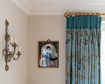 embroidered blue curtains with velvet header