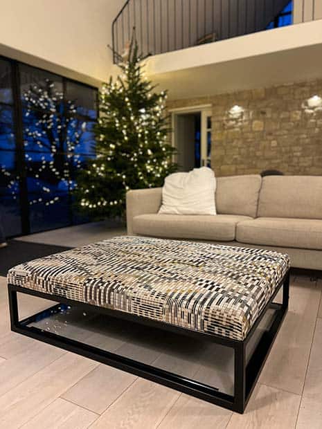 metal frame coffee table footstool with fabric upholstered top
