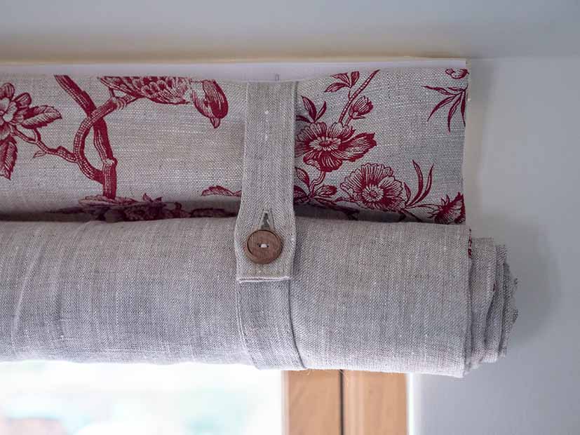 bespoke fabric roller blind with button tie