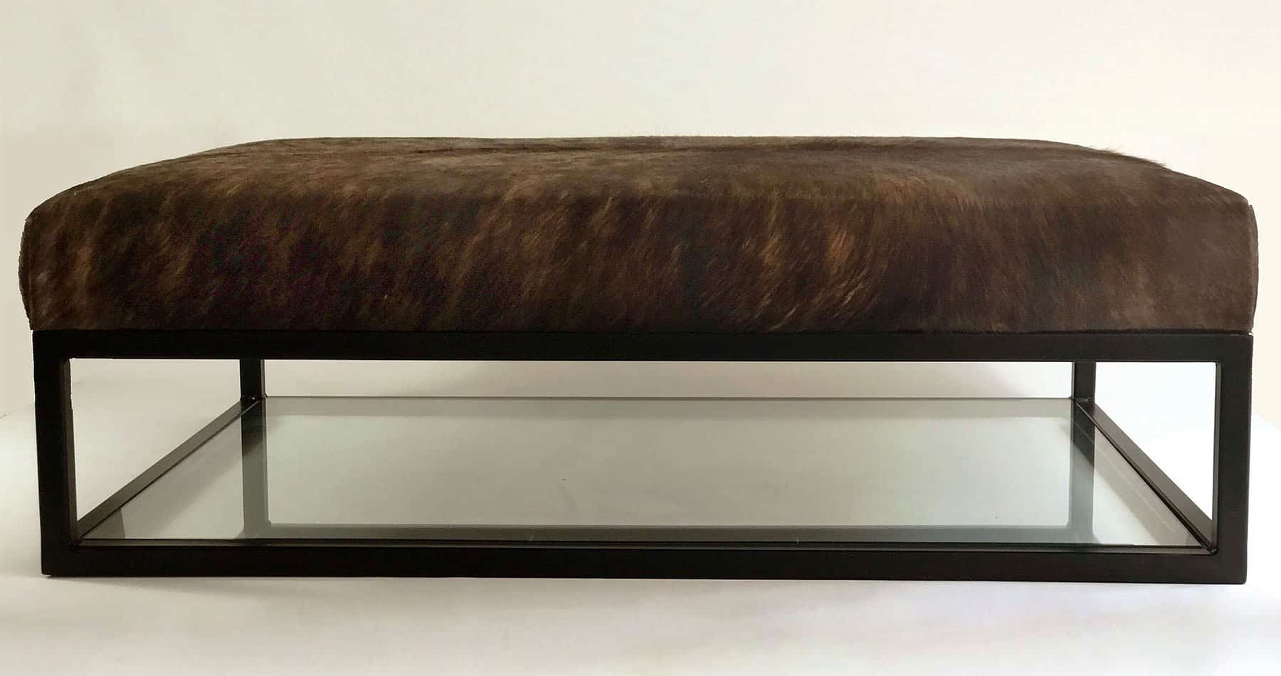 Bespoke long metal frame coffee table footstool with cowhide cover