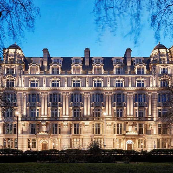 Exterior of Harcourt house in Mayfair at dusk